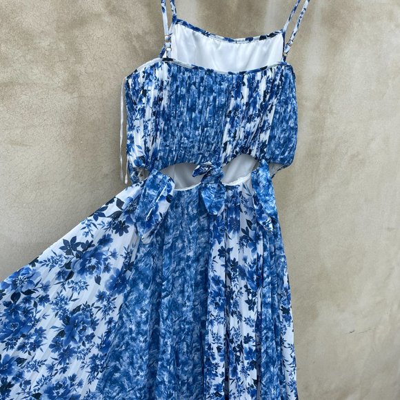 Amur Holland Tie Pleated Chiffon Maxi Spaghetti Strap Dress Blue Floral Print - Picture 13 of 13